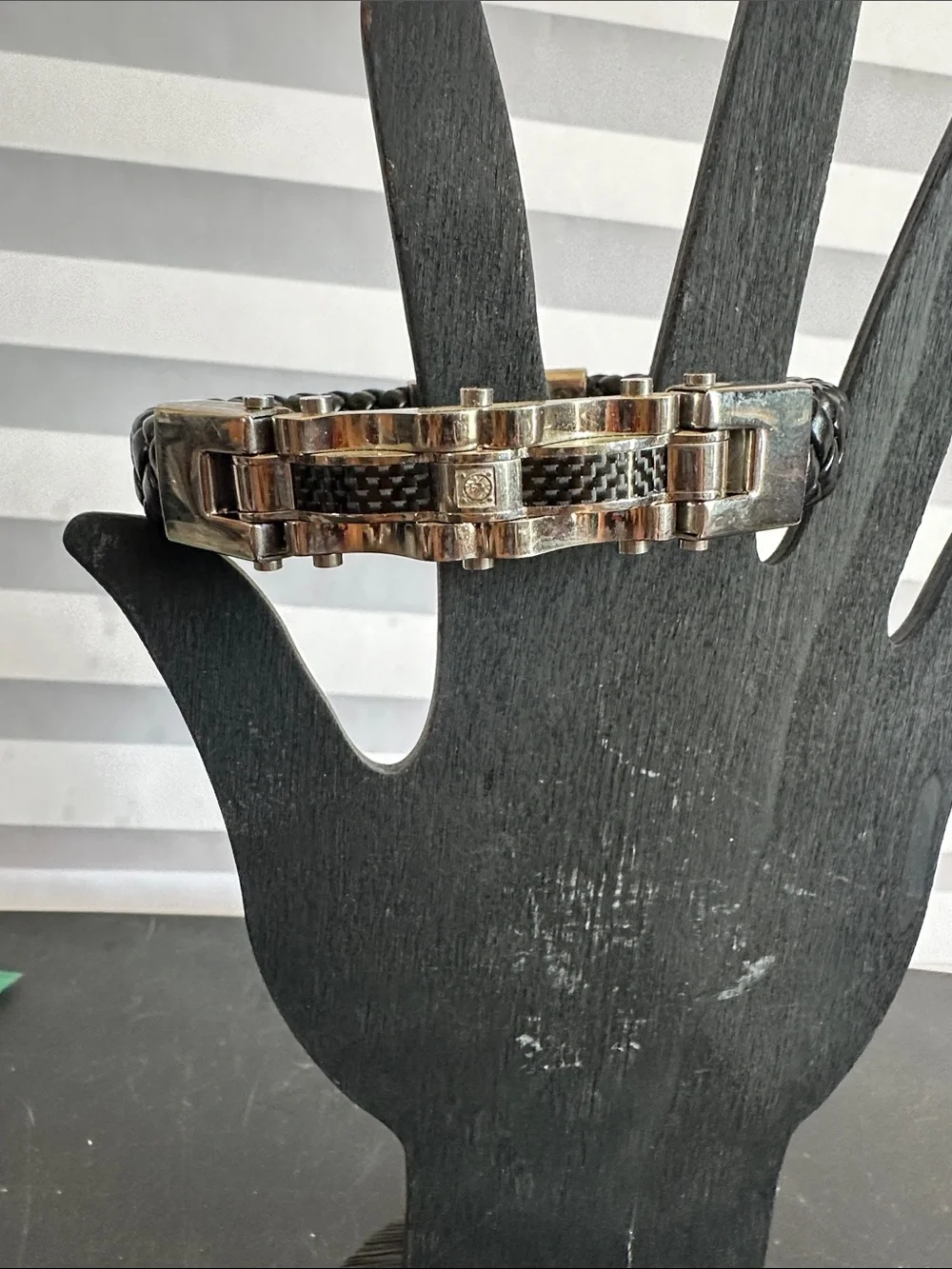 Mens Black Silver Tone Locking Clasp Bracelet Braided Leatherette Metal Link
